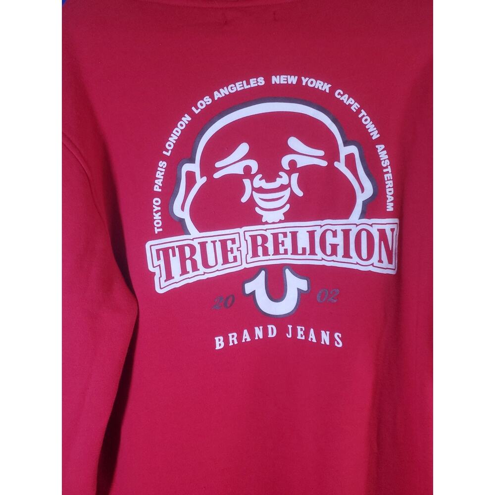 True Religion Men XL Red Buddha Zip Up Hoodie Horseshoe Logo Sweater - Picture 11 of 16